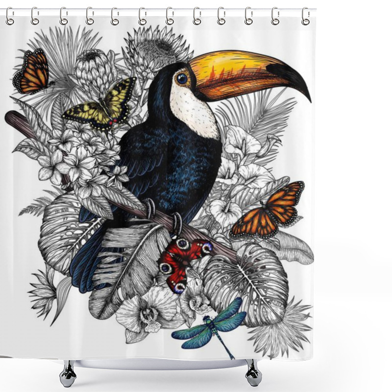 Personality   Vector Illustration Of A Toucan Bird In A Tropical Garden With Butterflies In An Engraving Style. Anthurium, Palm And Banana Leaves, Liviston, Plumeria, Zantedeschia, Monstera, Strelitzia Shower Curtains