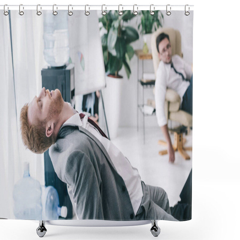 Personality  Exhausted Businessman Sleeping On Chair At Messy Office Shower Curtains