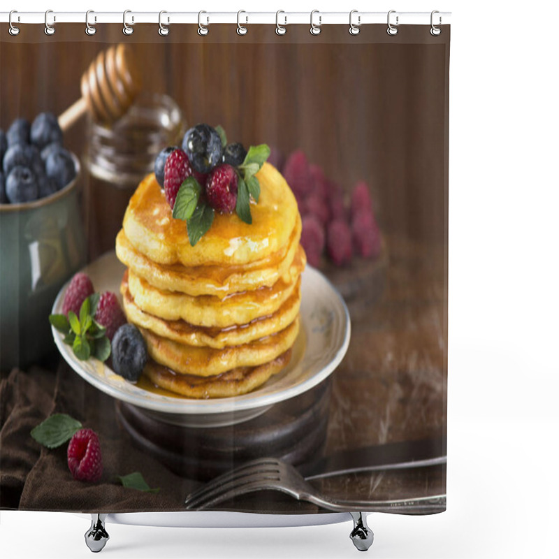 Personality  Stack Of Pancakes With Fresh Berries, Close-up. Shower Curtains