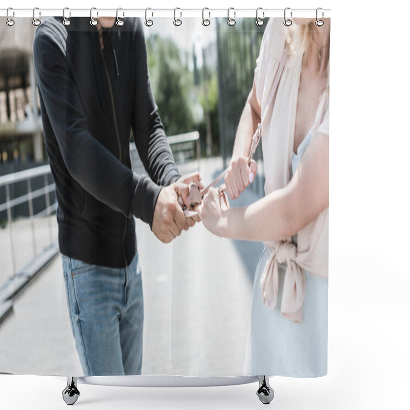 Personality  Cropped View Of Aggressive Robber Stealing Womans Bag On Street Shower Curtains