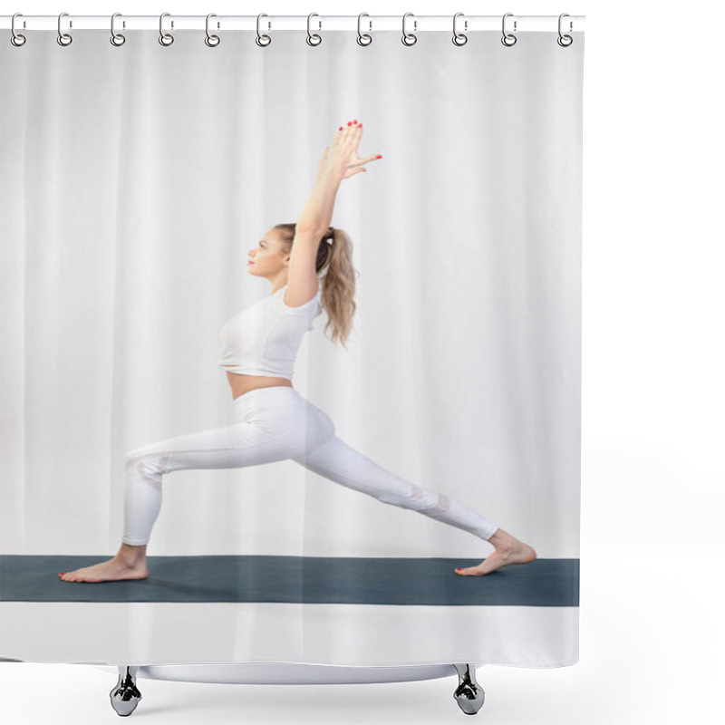 Personality  Sporty Young Woman Doing Yoga Practice On White Background. Shower Curtains