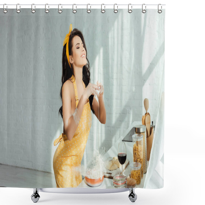 Personality  Smiling Nude Girl In Apron Adding Egg In Flour While Cooking On Kitchen Worktop  Shower Curtains