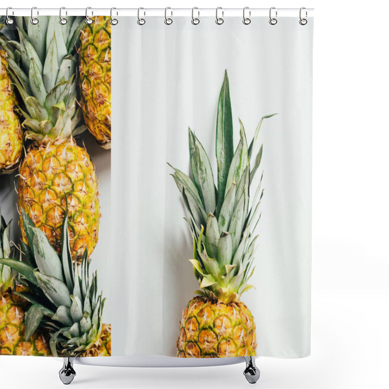 Personality  Collage Of Ripe Pineapples With Green Leaves On White Background Shower Curtains