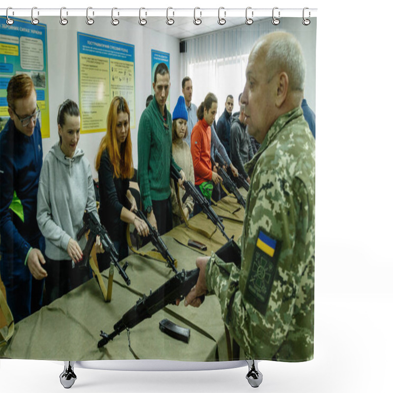 Personality  Uzhhorod, Ukraine - March 3, 2022: Local People Learn The Basics Of Handling Firearms. Defense Of Ukraine From Russian Aggression. Shower Curtains