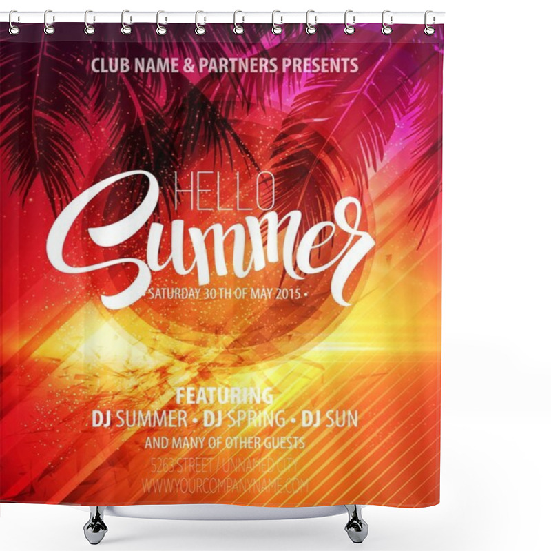 Personality  Hello Summer Beach Party Flyer. Vector Design Shower Curtains