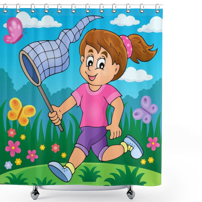 Personality  Girl Chasing Butterflies Theme Image 2 Shower Curtains