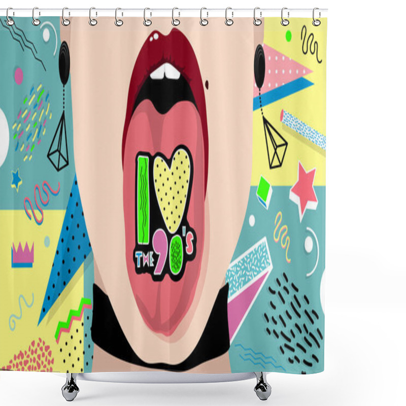 Personality  I Love The 90's. Girl With Tongue. Memphis Poster, Invitation Card And Banner Shower Curtains