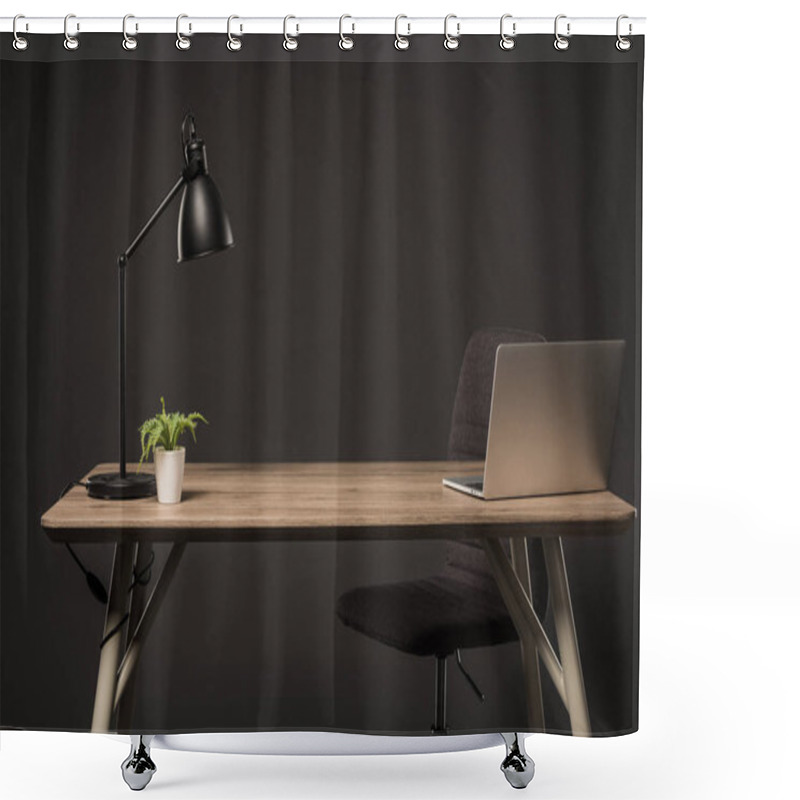 Personality  Close Up View Of Chair And Table With Lamp, Plant, Book And Laptop On Grey Background  Shower Curtains