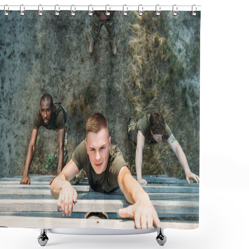 Personality  Overhead View Of Multiethnic Soldiers Practicing In Obstacle Run On Range Shower Curtains