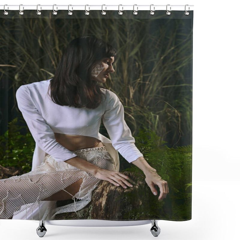 Personality  A Woman In A Flowing White Dress Sits Near A Swamp. Shower Curtains