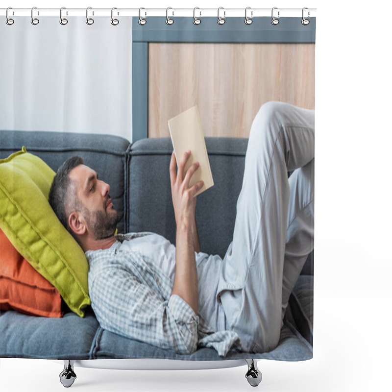 Personality  Side View Of Bearded Man Reading Book While Lying On Couch At Home Shower Curtains