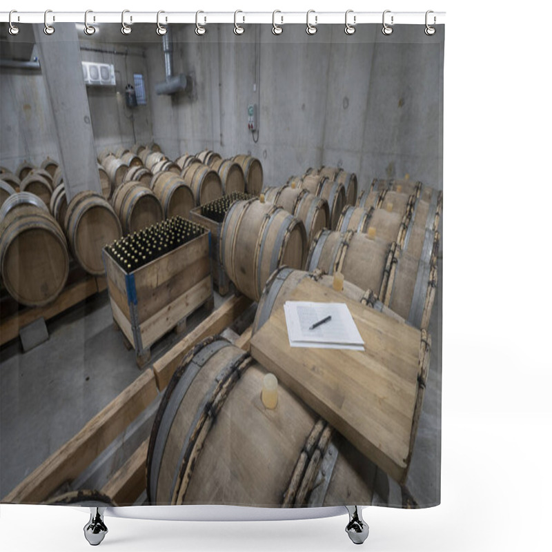 Personality  White Wine Cellar With Many Wooden Barrels Underground Shower Curtains