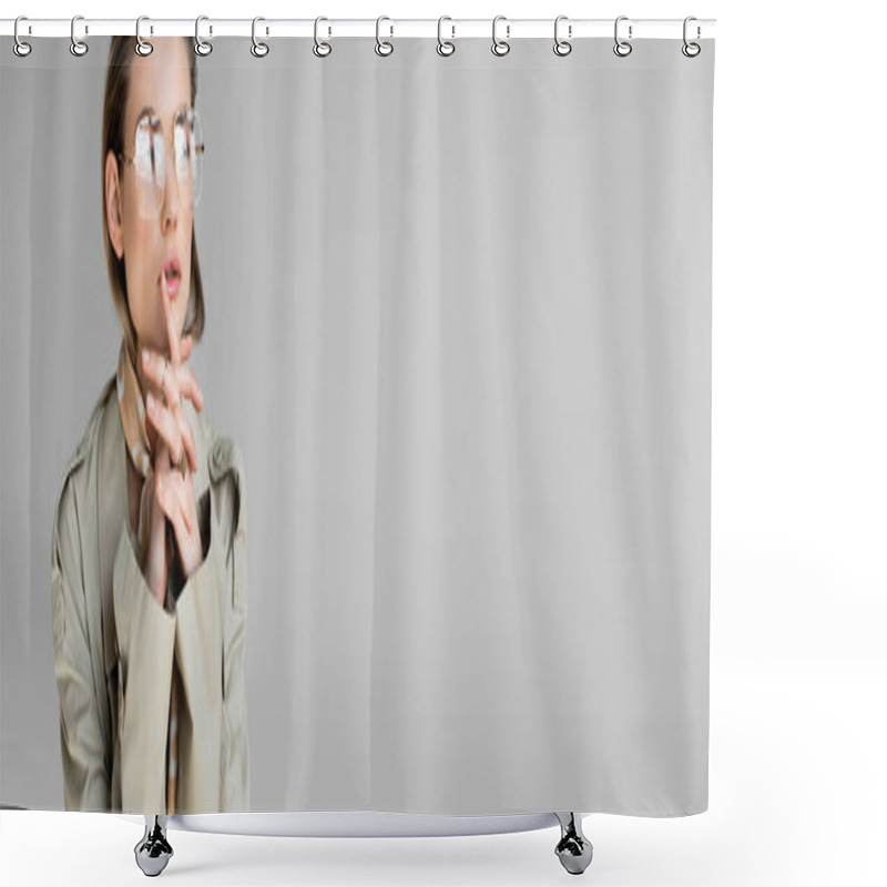 Personality  Trendy Woman In Glasses, Trench Coat And Scarf Posing On Grey, Banner Shower Curtains