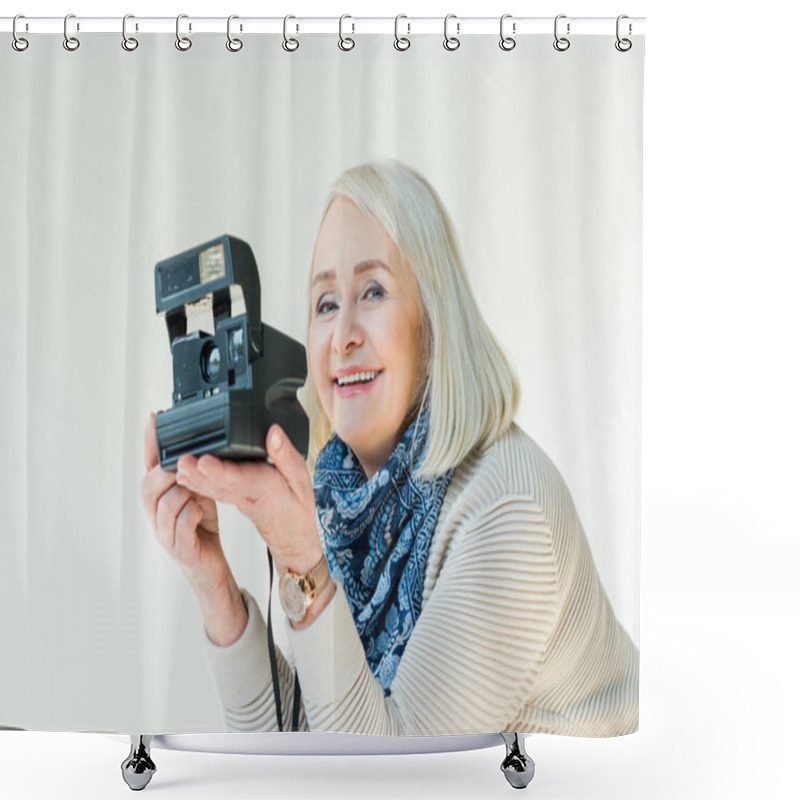 Personality  Senior Woman With Retro Camera Shower Curtains