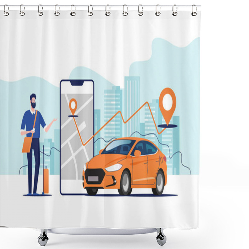 Personality  Online Ordering Taxi Car, Rent And Sharing Using Service Mobile Application. Man Near Smartphone Screen With Route And Points Location On A City Map On The Car And Urban Landscape Background. Shower Curtains