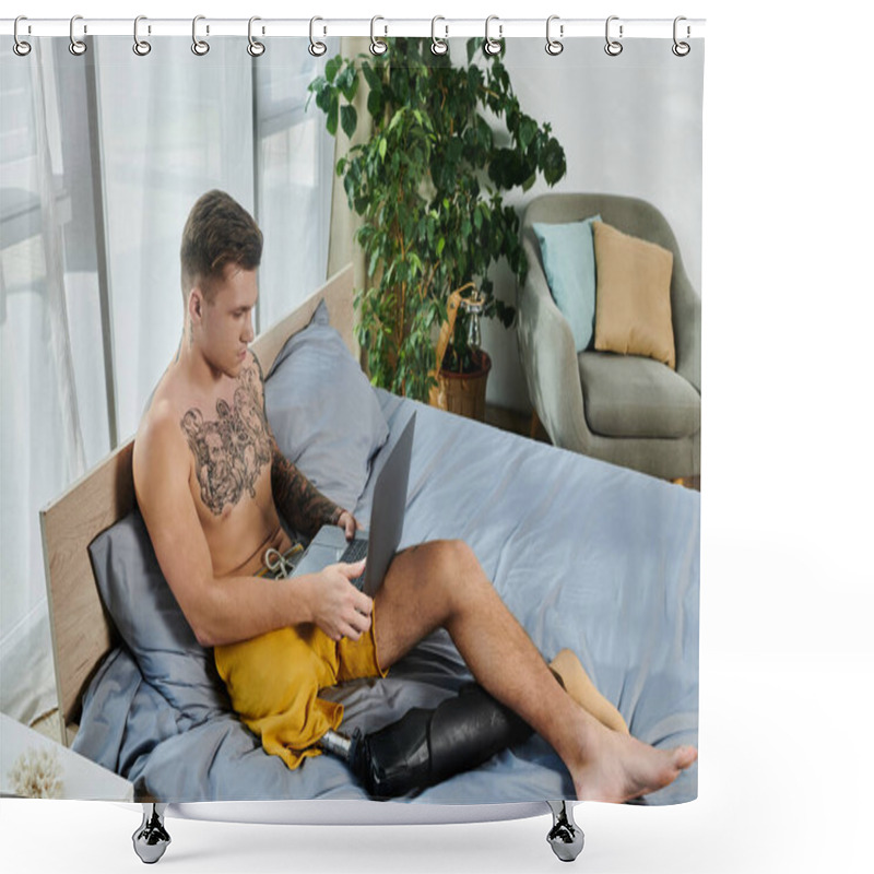 Personality  A Young, Handsome Man Sits Comfortably On A Bed With A Prosthetic Leg, Focused On His Laptop. Shower Curtains