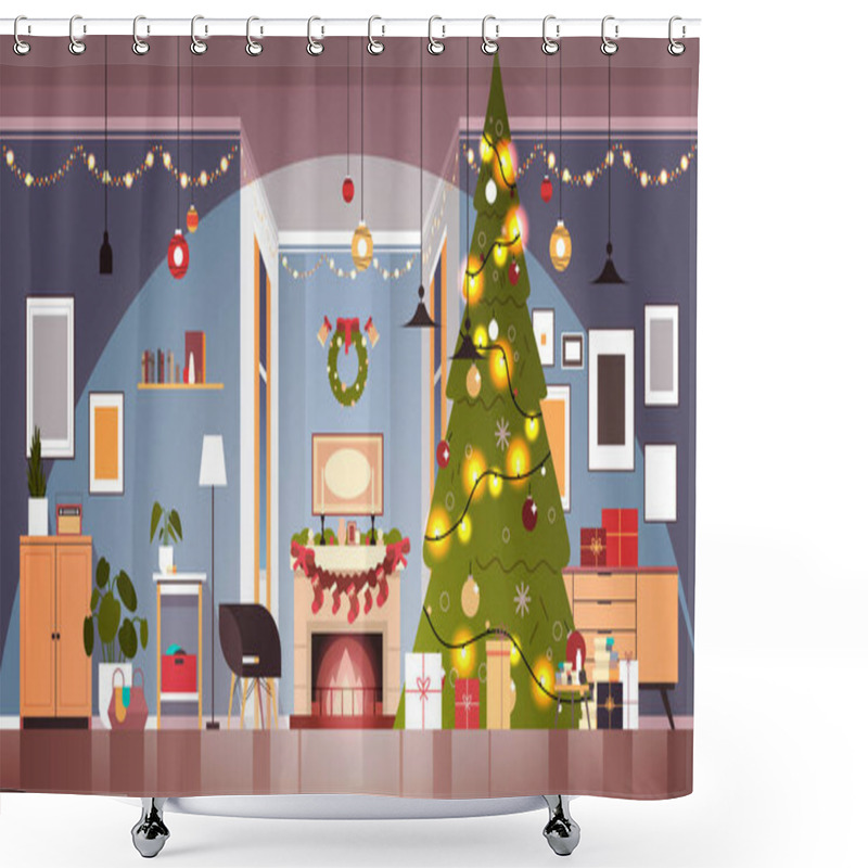 Personality  Living Room With Decorated Fir Tree And Garlands For New Year Christmas Holidays Celebration Concept Shower Curtains