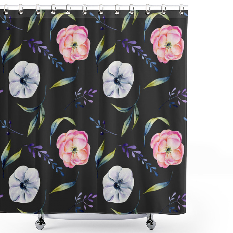 Personality  Watercolor Pink Peonies And White Anemones Seamless Pattern, Hand Drawn On A Dark Background Shower Curtains