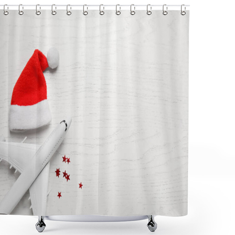 Personality  Santa Hat, Toy Airplane And Space For Text On White Wooden Table, Flat Lay. Christmas Vacation Shower Curtains