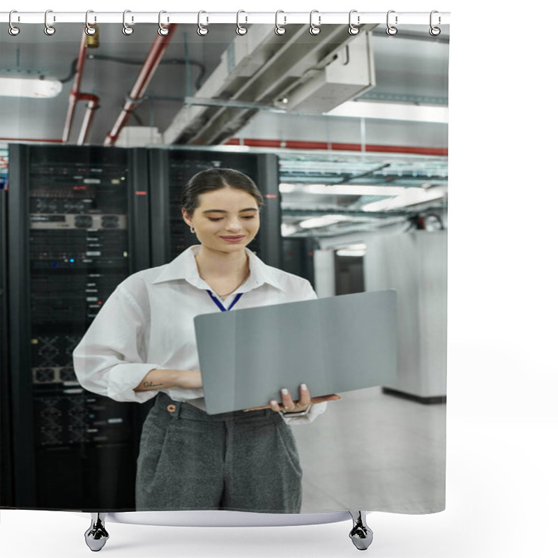 Personality  A Professional Woman In A White Shirt Operates Her Laptop In A Busy Server Room Environment. Shower Curtains