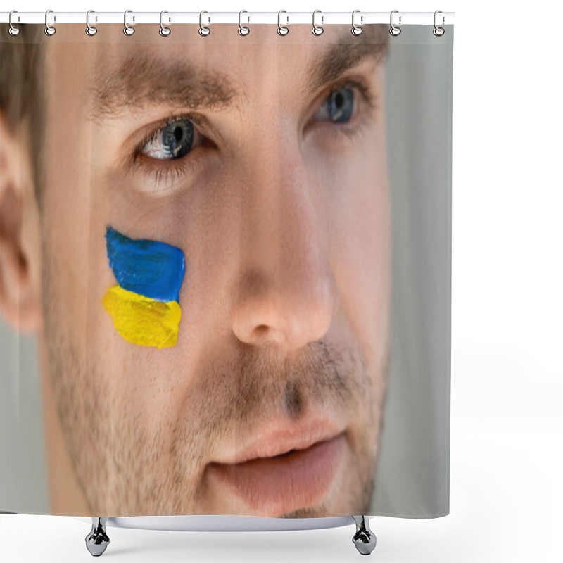 Personality  Close Up Portrait Of Man With Ukrainian Flag On Face Isolated On Grey Shower Curtains