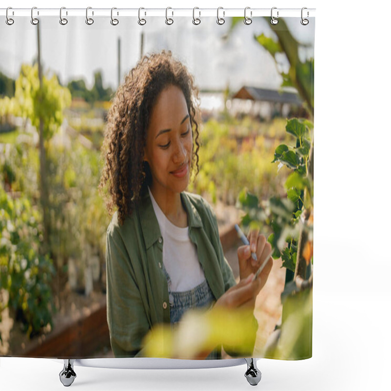 Personality  Smiling Woman Gardener Signs The Names Of The Plants In Botanic Center. High Quality Photo Shower Curtains