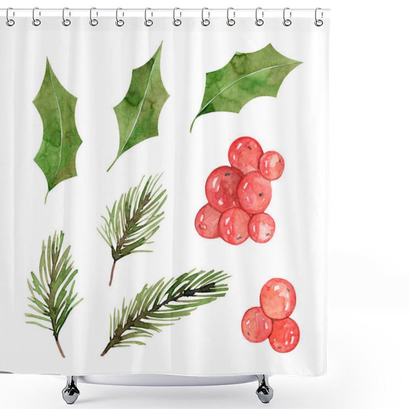 Personality  Watercolor Christmas Set. Holly Berry, Spruce Twigs, Red Berries. Winter Greens. New Year's Decor. Shower Curtains