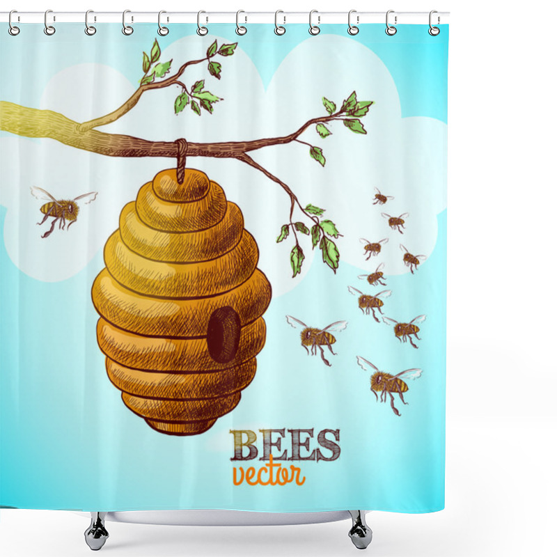 Personality  Honey Bees And Hive On Tree Branch Background Shower Curtains