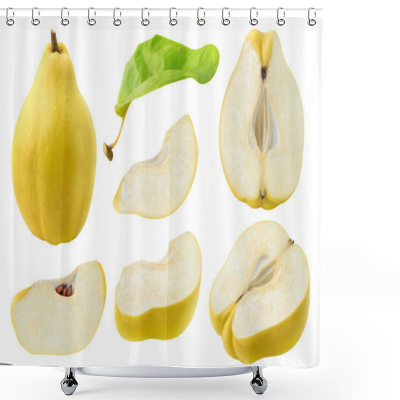 Personality  Isolated Cut Quince Collection. Whole Quince Fruit And Pieces Of Different Shape Isolated On White Background With Clipping Path Shower Curtains