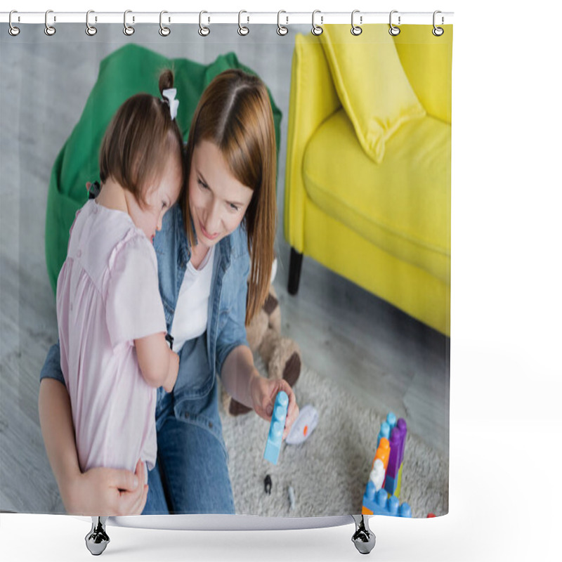 Personality  High Angle View Of Kindergarten Teacher Holding Building Blocks And Calming Toddler Kid With Down Syndrome  Shower Curtains