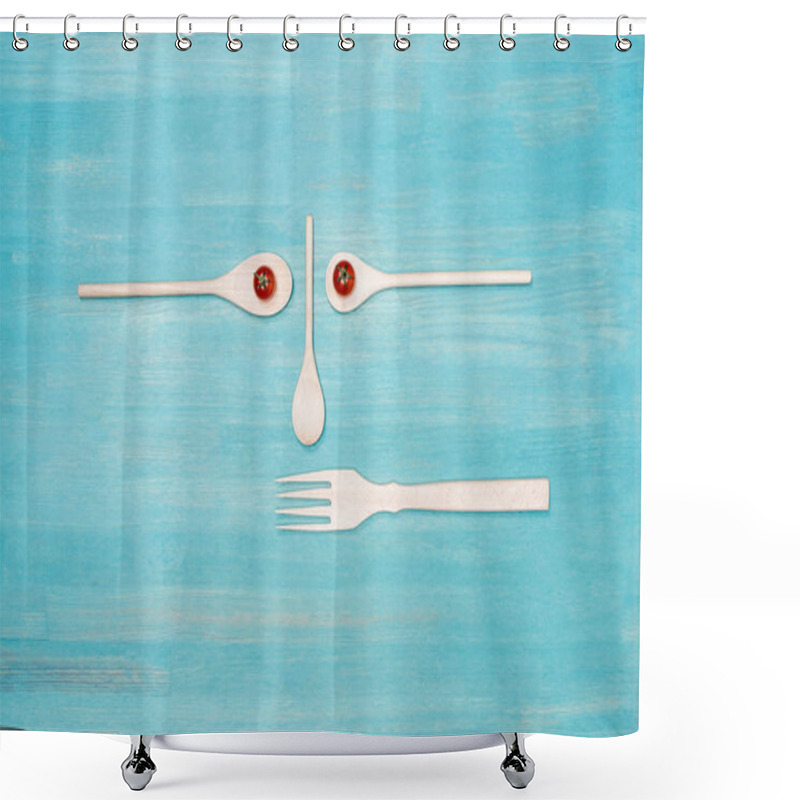 Personality  Top View Of Wooden Kitchen Utensils With Cherry Tomatoes On Blue Table Top Shower Curtains