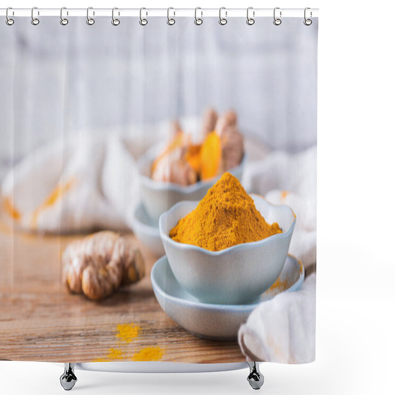 Personality  Food And Drink, Diet Nutrition, Health Care Concept. Raw Organic Orange Turmeric Root And Powder, Curcuma Longa On A Cooking Table. Indian Oriental Low Cholesterol Spices. Shower Curtains