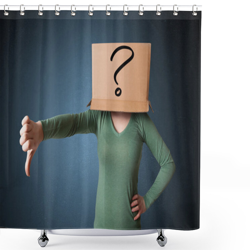 Personality  Young Lady Gesturing With A Cardboard Box On Her Head With Quest Shower Curtains