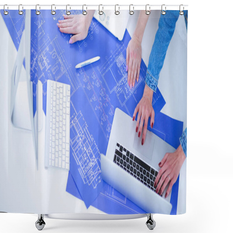 Personality  Two Young Woman Standing Near Desk With Instruments, Plan And La Shower Curtains