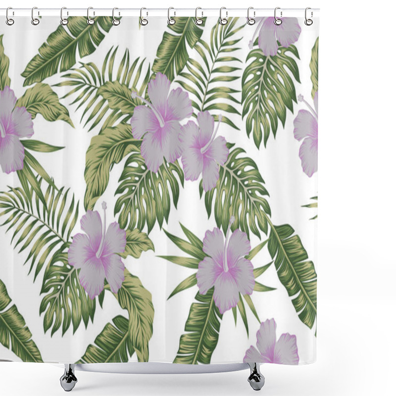 Personality  Tropical Palm Banana Leaves And Light Violet Hibiscus Flowers Seamless Vector Pattern On The White Background Shower Curtains