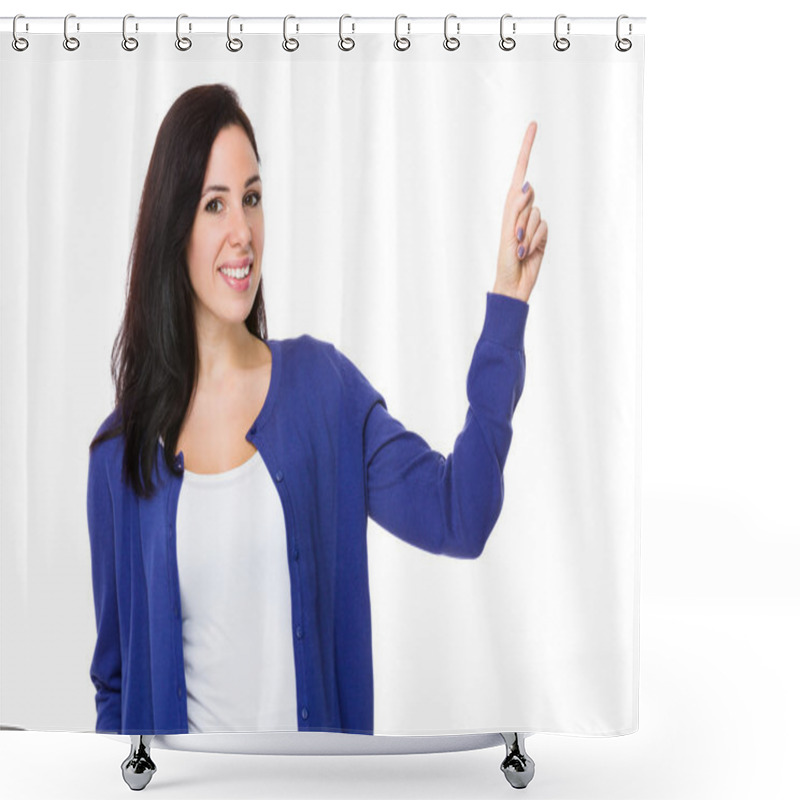 Personality  Caucasian Young Woman In Blue Cardigan Shower Curtains