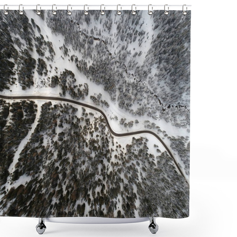 Personality  Top View Aerial Drone Flying Above Curvy Road Wind Mountains And Forest Covered With Snow On Bad Weather  Shower Curtains