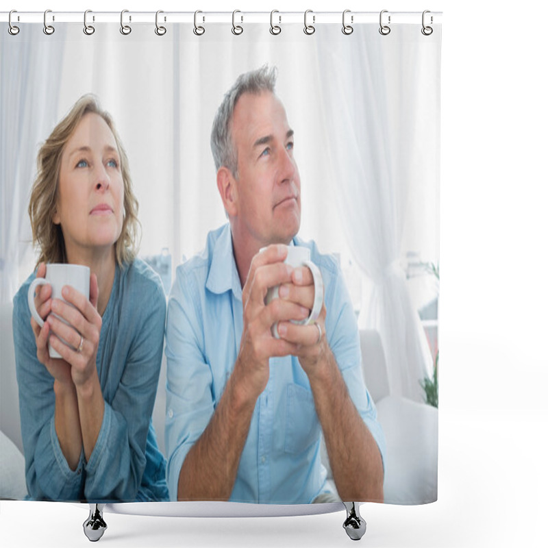 Personality  Thoughtful Middle Aged Couple Sitting On The Couch Having Coffee Shower Curtains