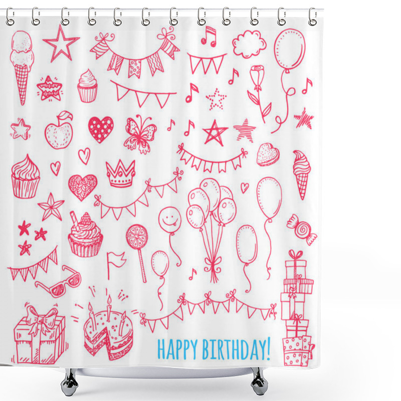 Personality  Hand Drawn Happy Birthday Party Icons. Cakes, Sweets, Balloons, Shower Curtains