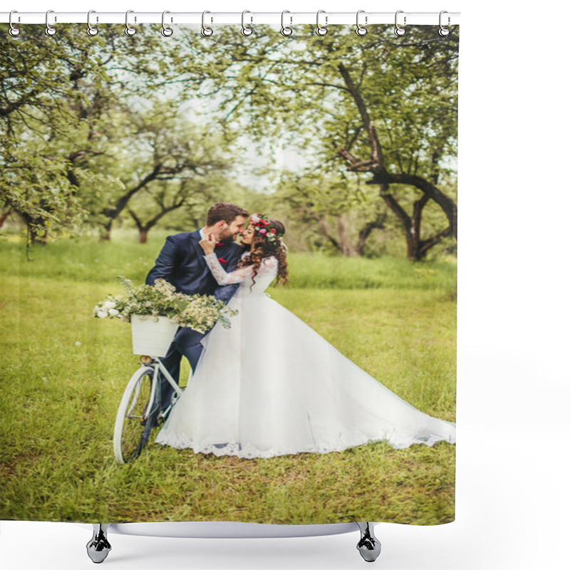 Personality  Bride & Groom Posing Near Bicycle Shower Curtains