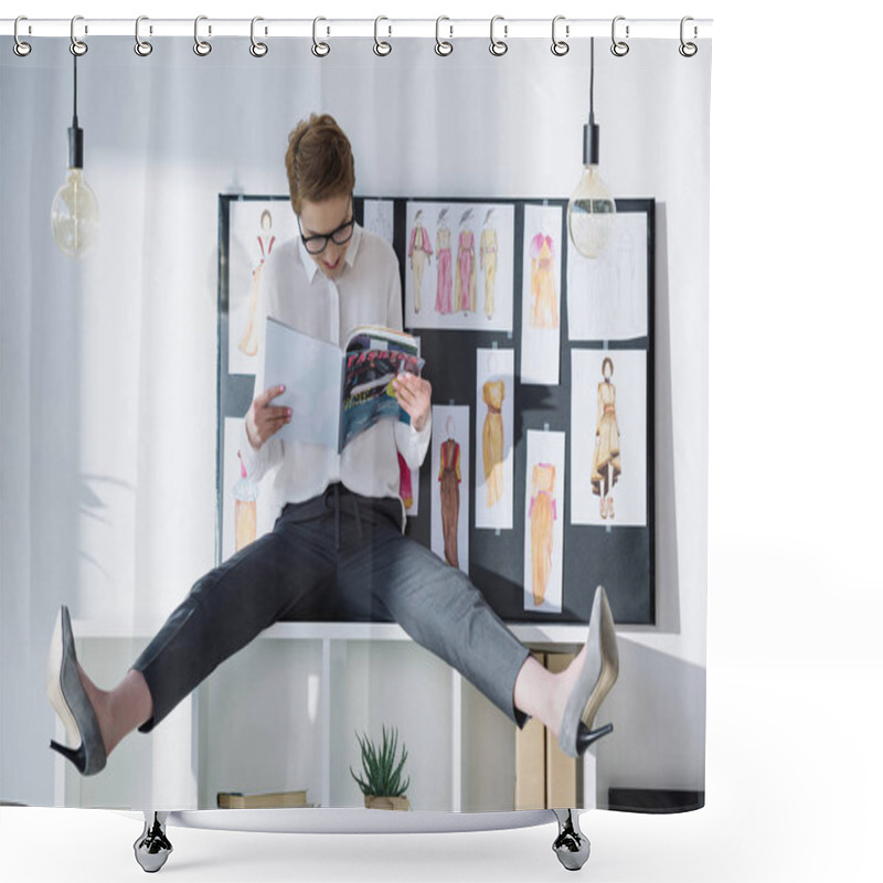 Personality  Fashion Designer Sitting On Bookshelves And Reading Magazine Shower Curtains