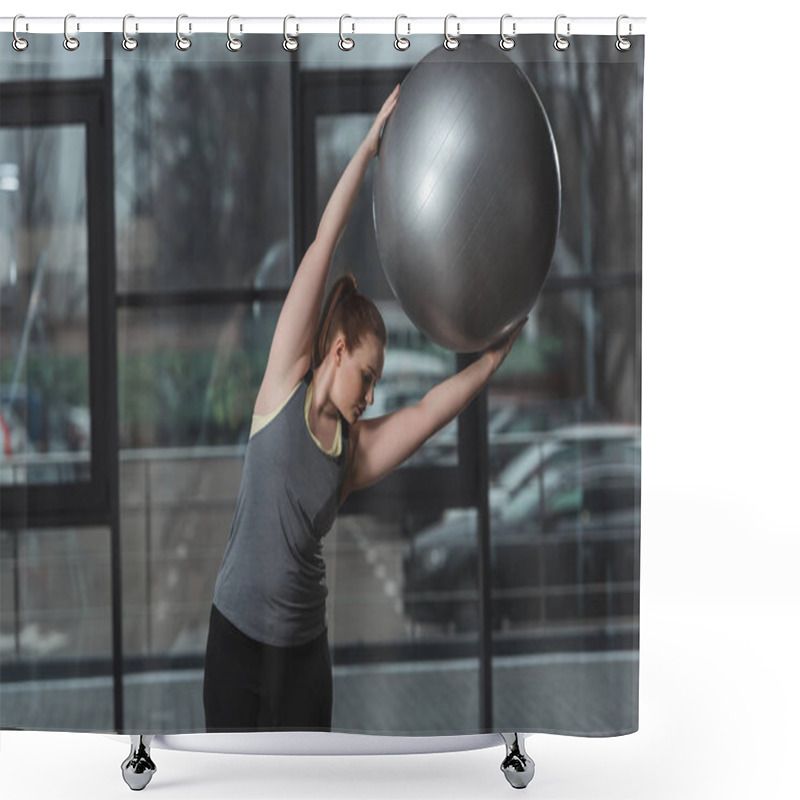 Personality  Curvy Girl Exercising With Fitness Ball In Gym Shower Curtains