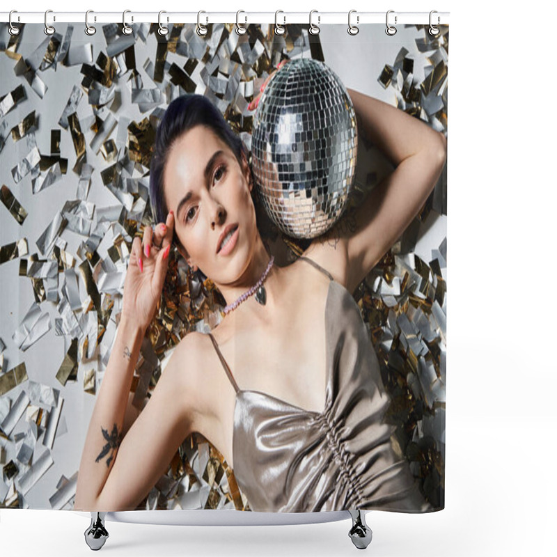 Personality  A Young Woman With Blue Hair Dazzles In A Silver Dress While Elegantly Holding A Disco Ball. Shower Curtains