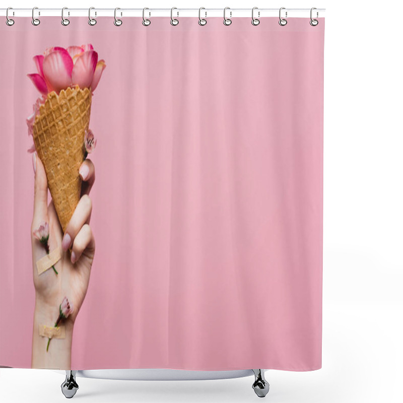 Personality  Partial View Of Woman Holding Waffle Cone With Petals In Hand With Flowers Covered By Plasters Isolated On Pink Shower Curtains