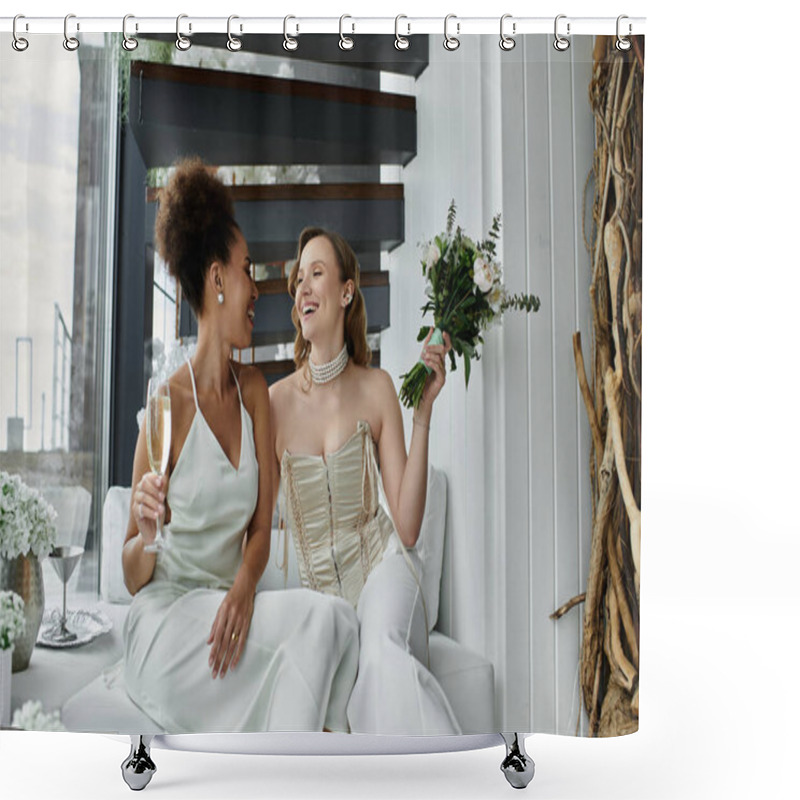 Personality  Two Brides Celebrate Their Wedding With A Glass Of Champagne And A Bouquet Of Flowers. Shower Curtains