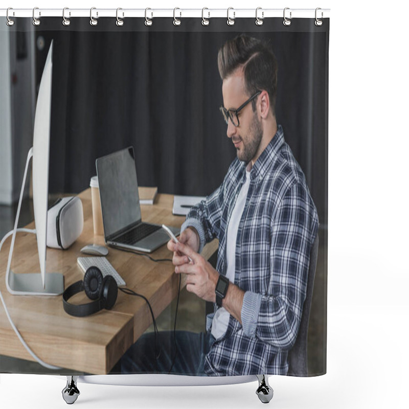 Personality  Side View Of Handsome Young Programmer In Eyeglasses Using Smartphone At Workplace Shower Curtains