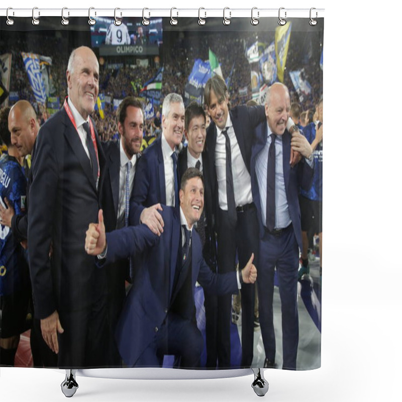 Personality  ROME, Italy - 11.05.2022: Inzaghi, Zhang, Marotta Celebrates Cup At End Of The Football Match Italy Cup Final 2022 Trophy  Between FC JUVENTUS TURIN VS FC INTERNAZIONALE MILAN  At Olympic Stadium In Rome Shower Curtains