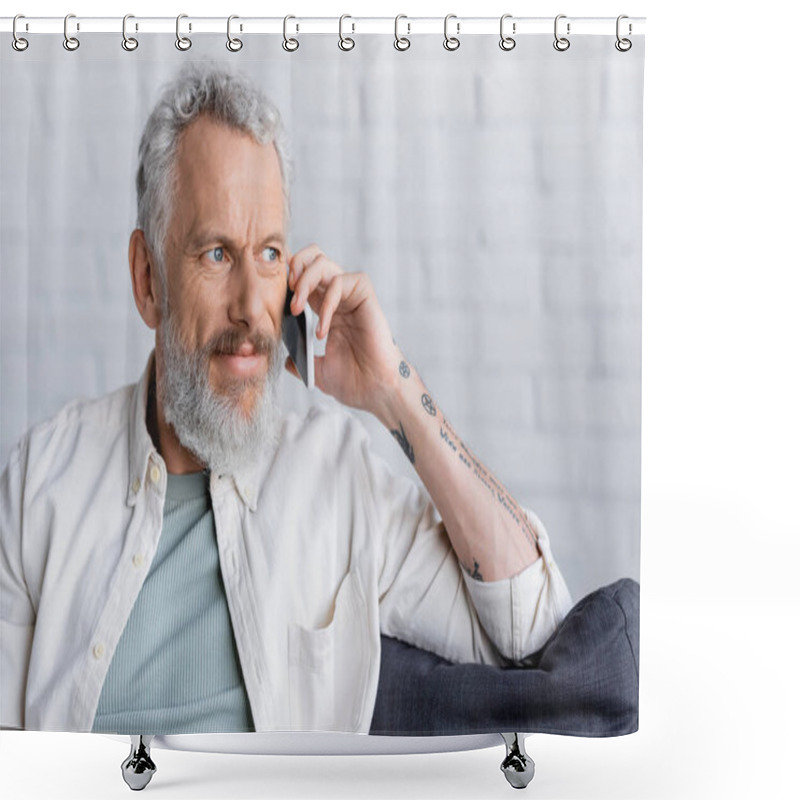 Personality  Tattooed And Bearded Man With Grey Hair Talking On Smartphone  Shower Curtains