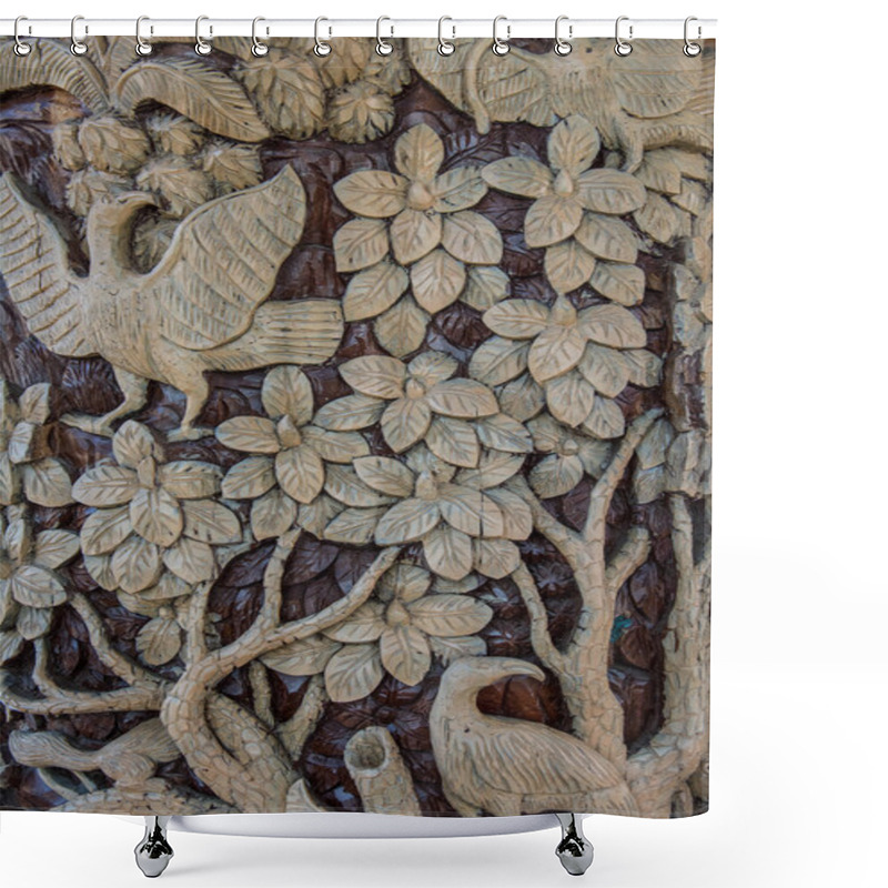 Personality  Carved Wooden Latticework  Pattern Of Tree With Bird Shower Curtains