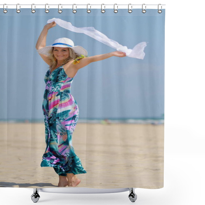 Personality  Young Beautiful Woman Relaxing On The Beach In Warm Summer Day Shower Curtains